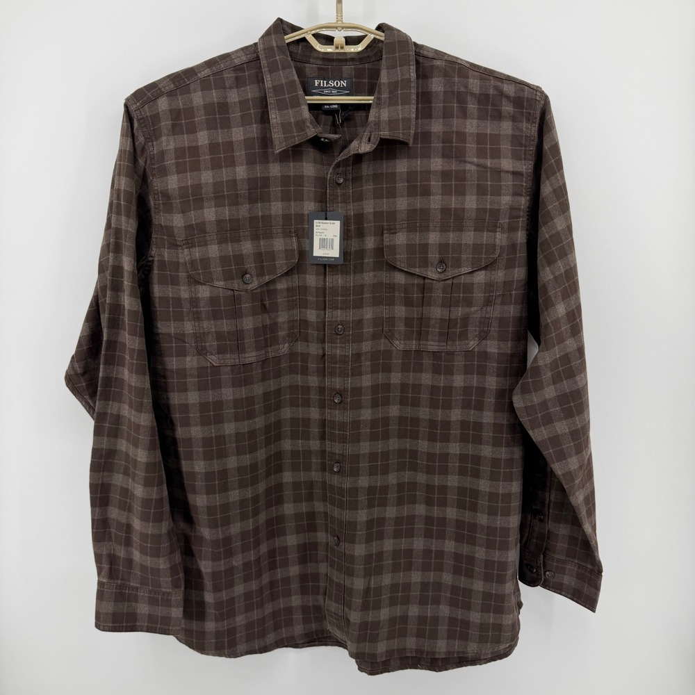 NEW Filson Mens Lt Wt Alaskan Guide Shirt XXL Long Brown Taupe Plaid 11010743
